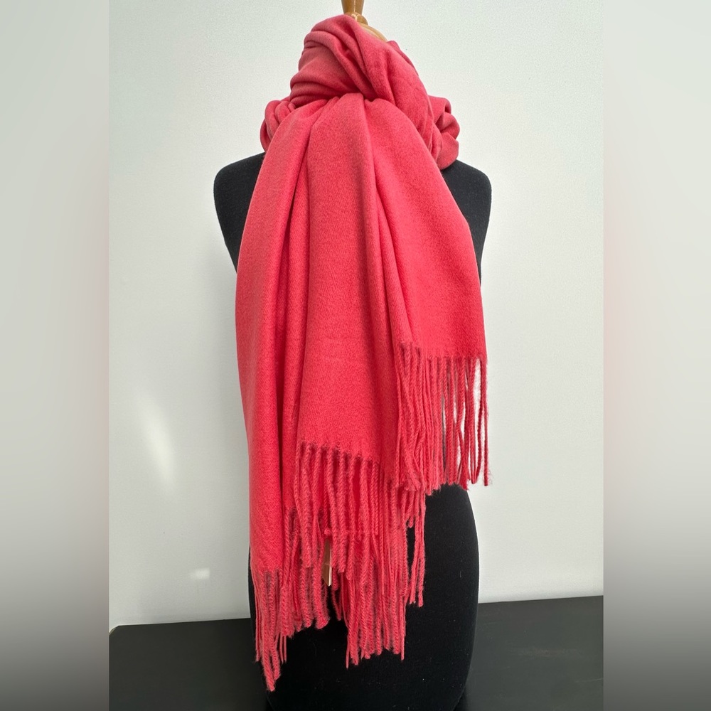 Long Hot Pink Wrap Scarf Cashmere Blend with Fringe